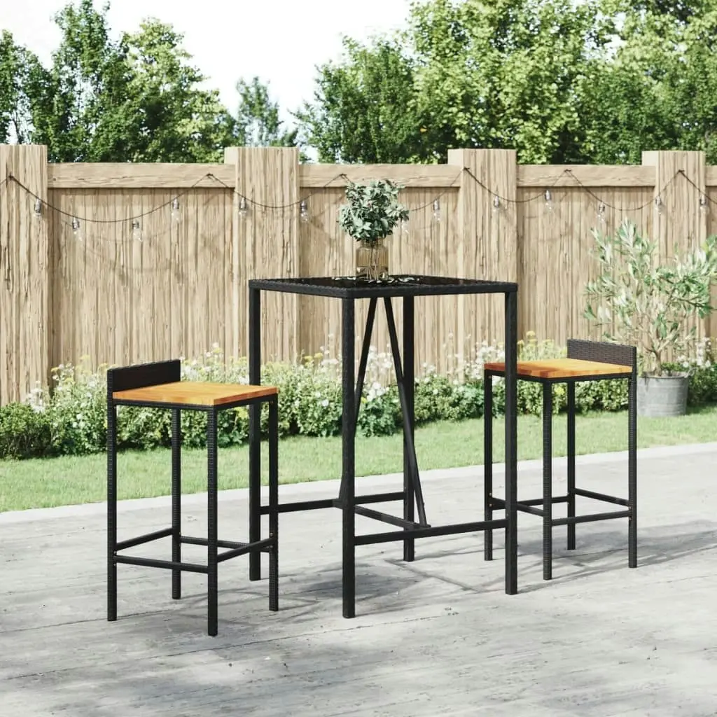 3 Piece Garden Bar Set Black Poly Rattan& Solid Wood Acacia 3187674