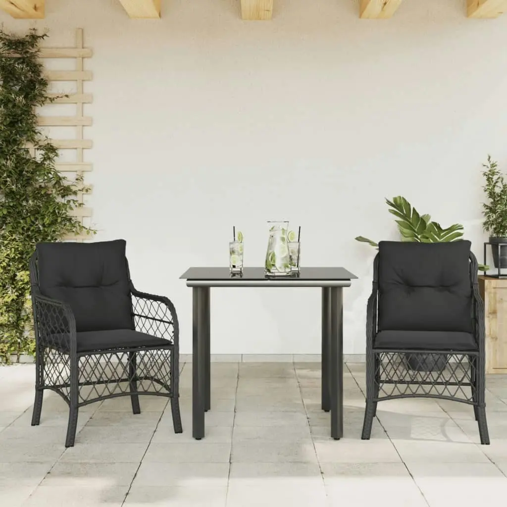 3 Piece Bistro Set with Cushions Black Poly Rattan 3212103