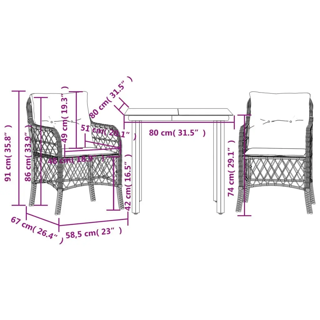 3 Piece Bistro Set with Cushions Black Poly Rattan 3212103