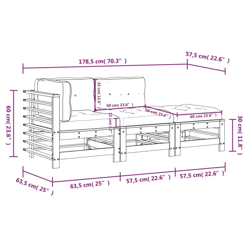 3 Piece Garden Lounge Set with Cushions White Solid Wood 3186033