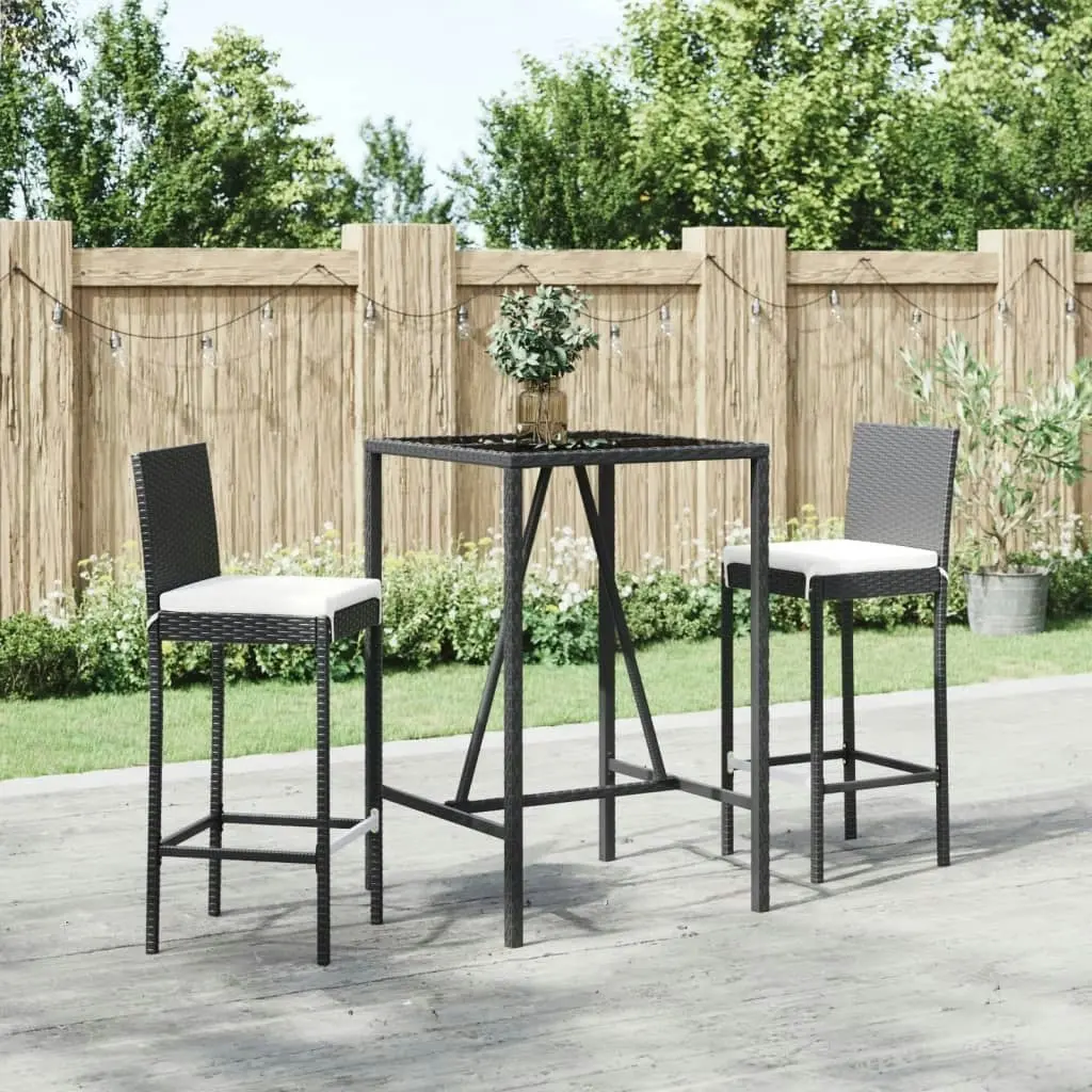 3 Piece Outdoor Bar Set with Cushions Black Poly Rattan 3187641