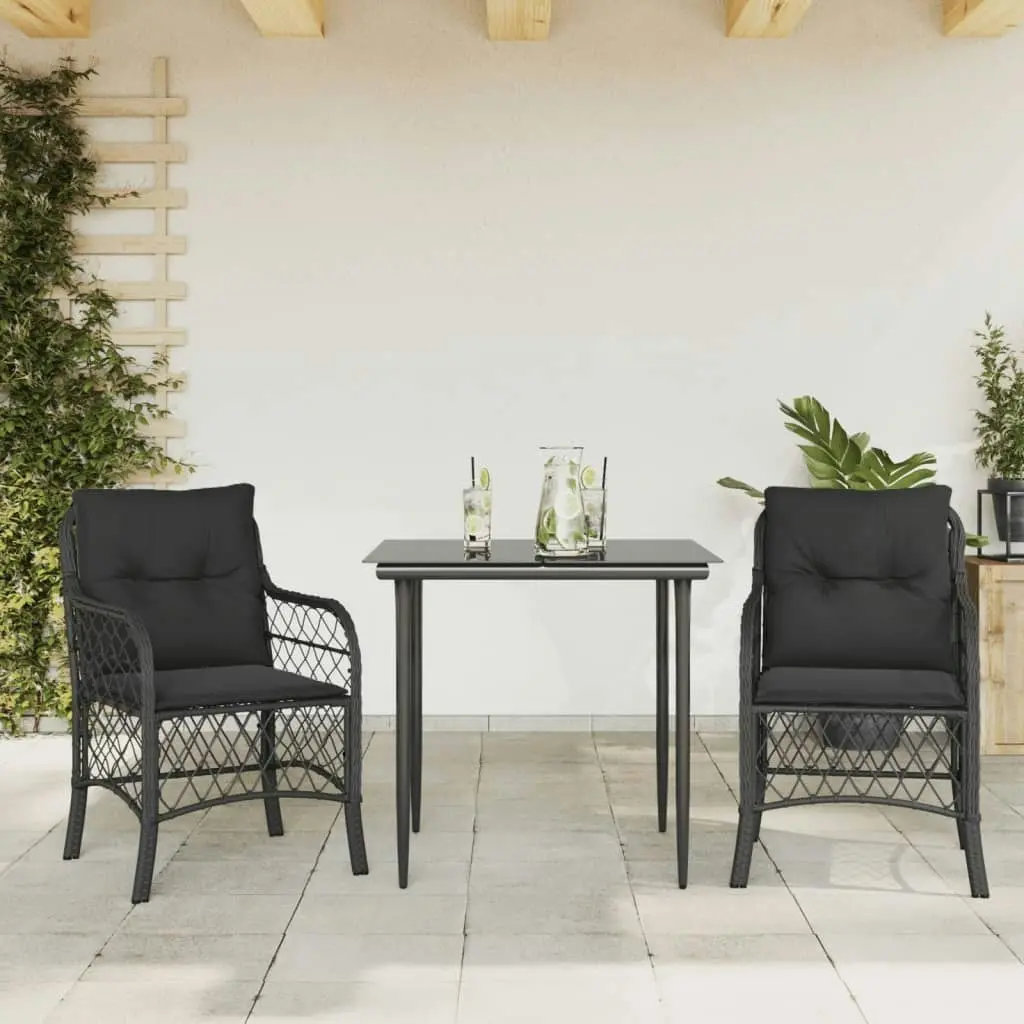 3 Piece Bistro Set with Cushions Black Poly Rattan 3212096