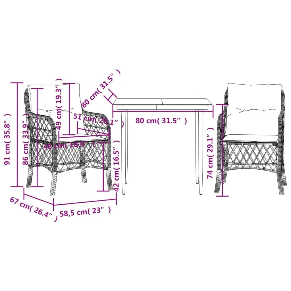 3 Piece Bistro Set with Cushions Black Poly Rattan 3212096