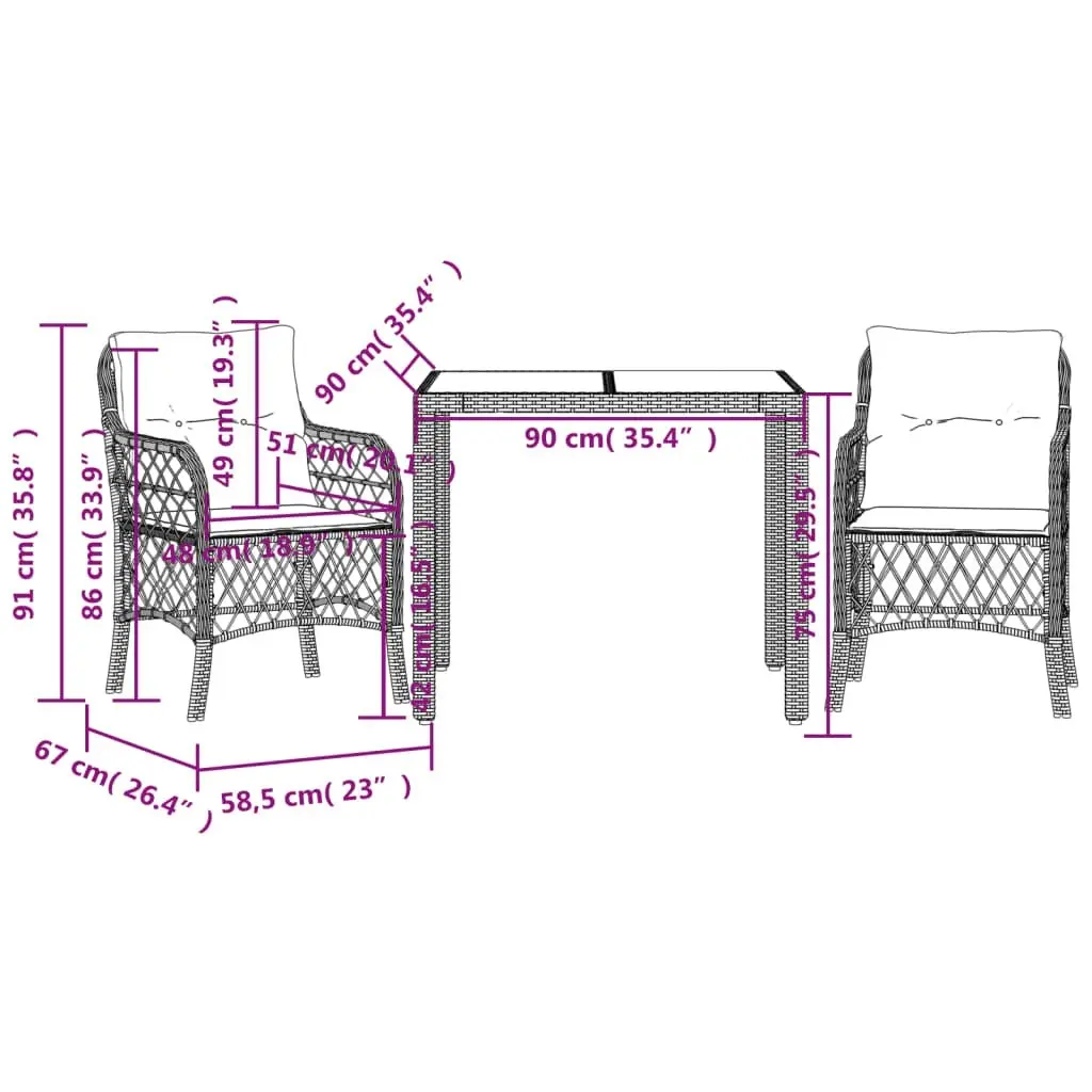 3 Piece Bistro Set with Cushions Black Poly Rattan 3212024