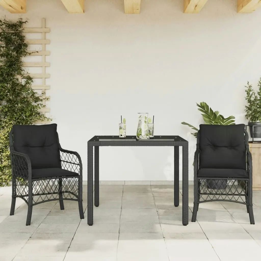 3 Piece Bistro Set with Cushions Black Poly Rattan 3212024