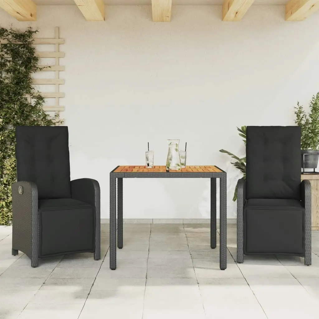 3 Piece Bistro Set with Cushions Black Poly Rattan 3212474