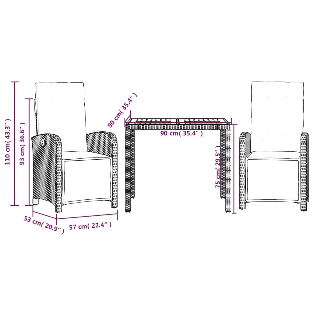 3 Piece Bistro Set with Cushions Black Poly Rattan 3212474