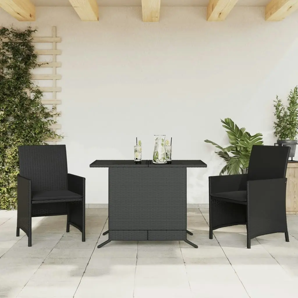 3 Piece Bistro Set with Cushions Black Poly Rattan 365117