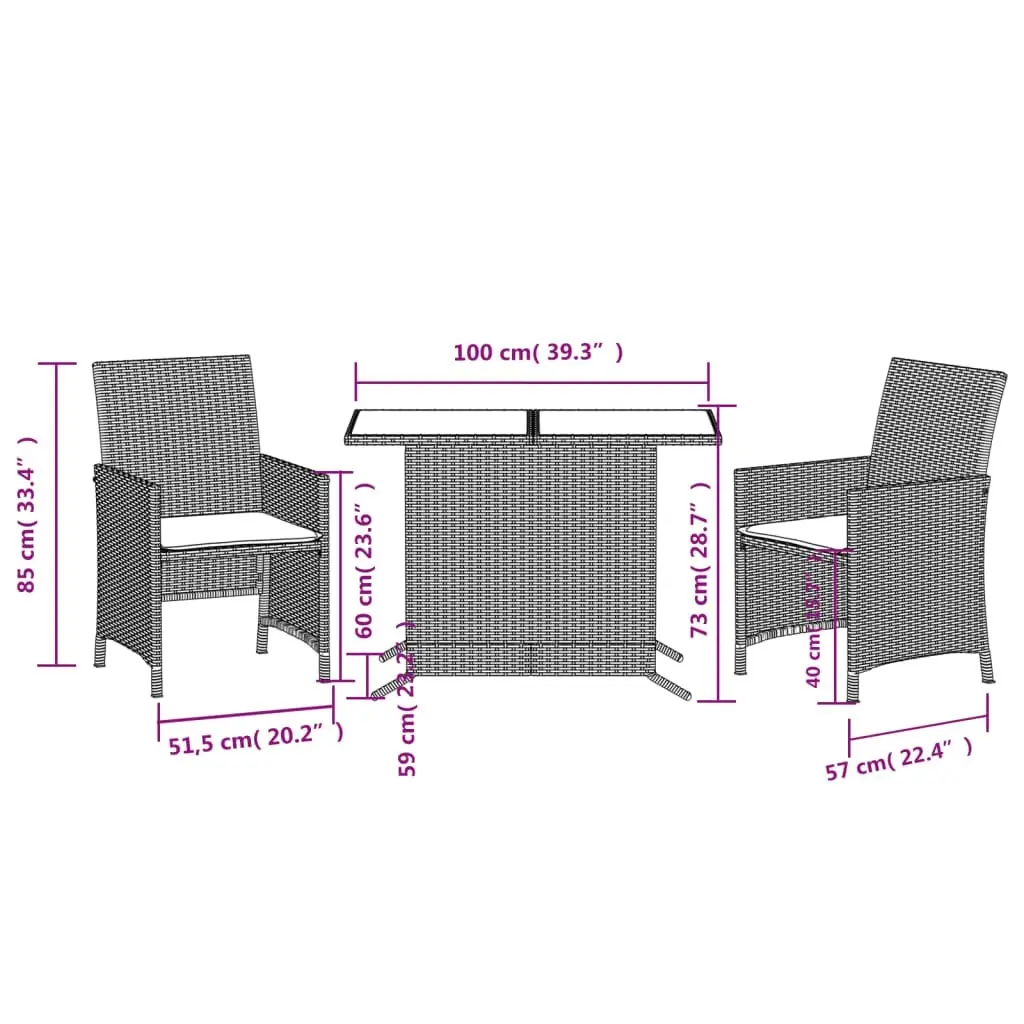 3 Piece Bistro Set with Cushions Black Poly Rattan 365117