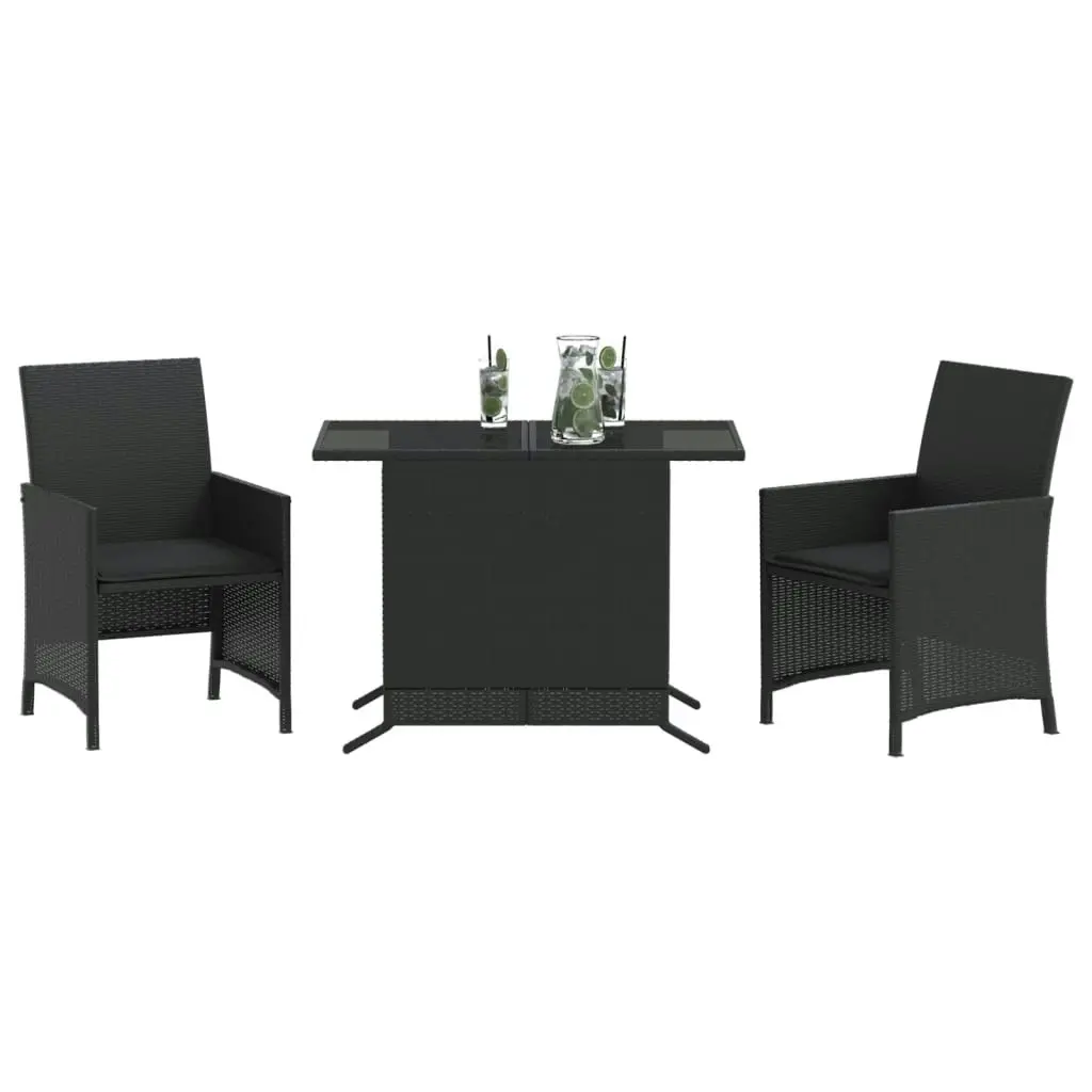 3 Piece Bistro Set with Cushions Black Poly Rattan 365117