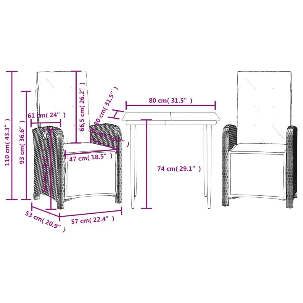 3 Piece Bistro Set with Cushions Black Poly Rattan 3212528