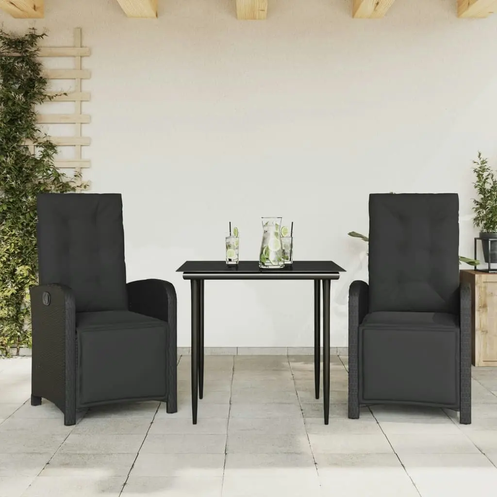 3 Piece Bistro Set with Cushions Black Poly Rattan 3212528