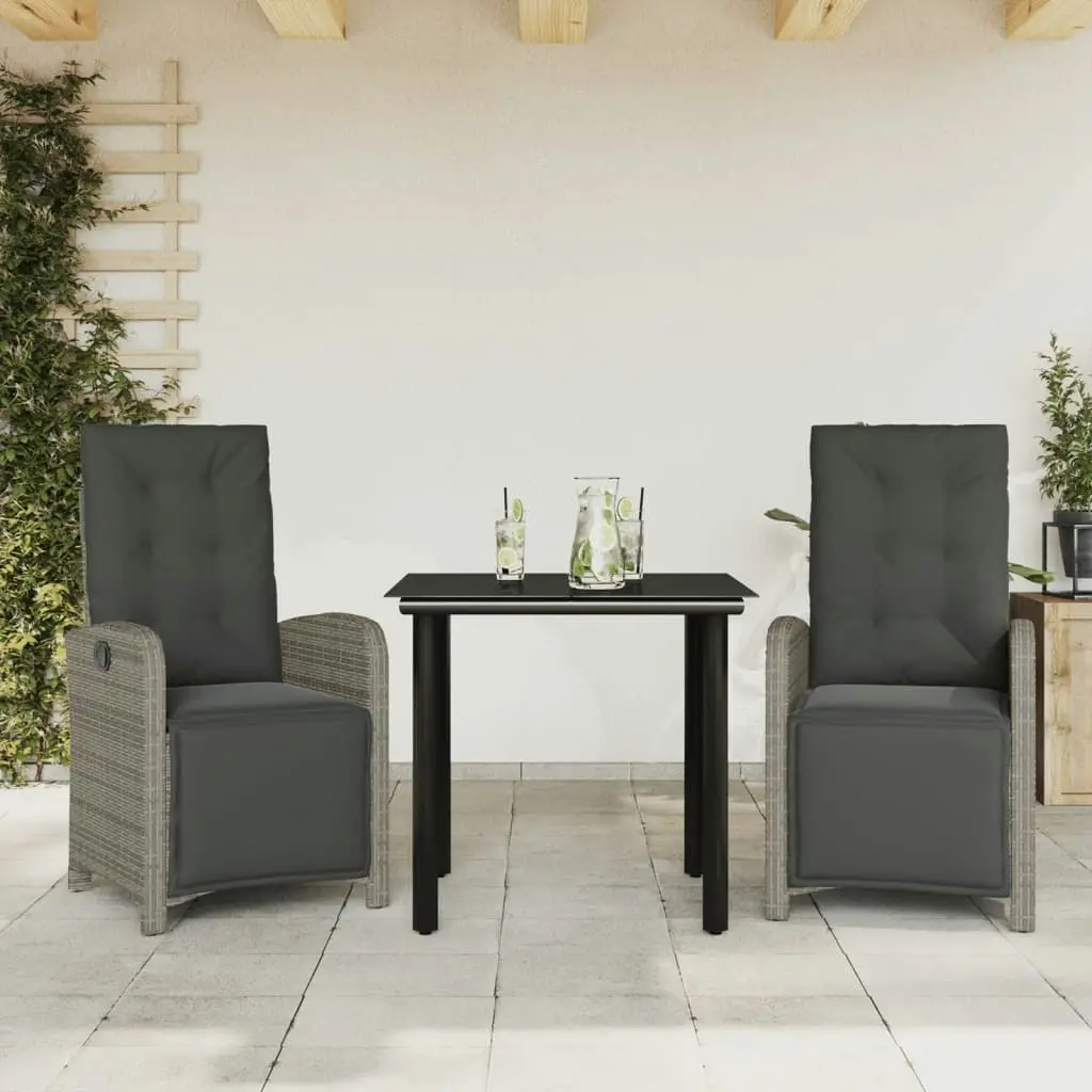 3 Piece Bistro Set with Cushions Grey Poly Rattan 3212563