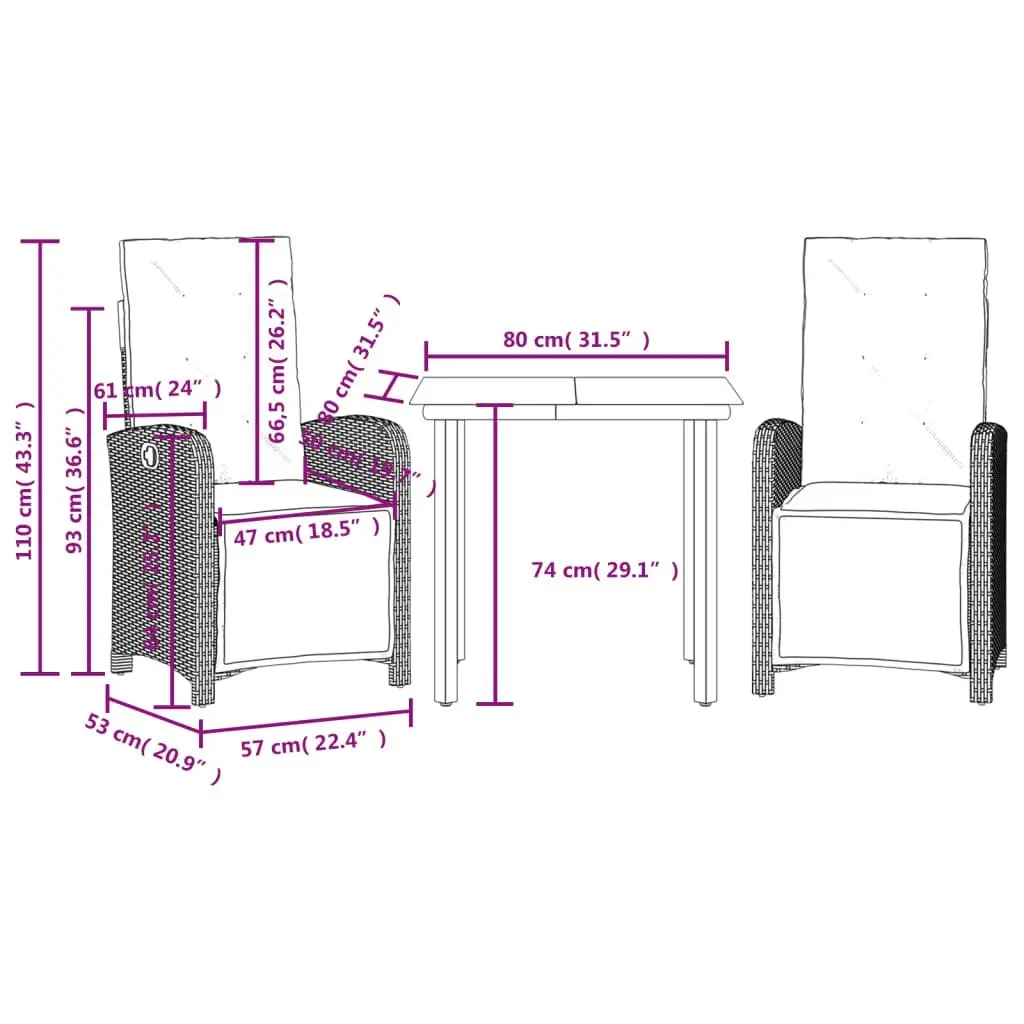 3 Piece Bistro Set with Cushions Grey Poly Rattan 3212563