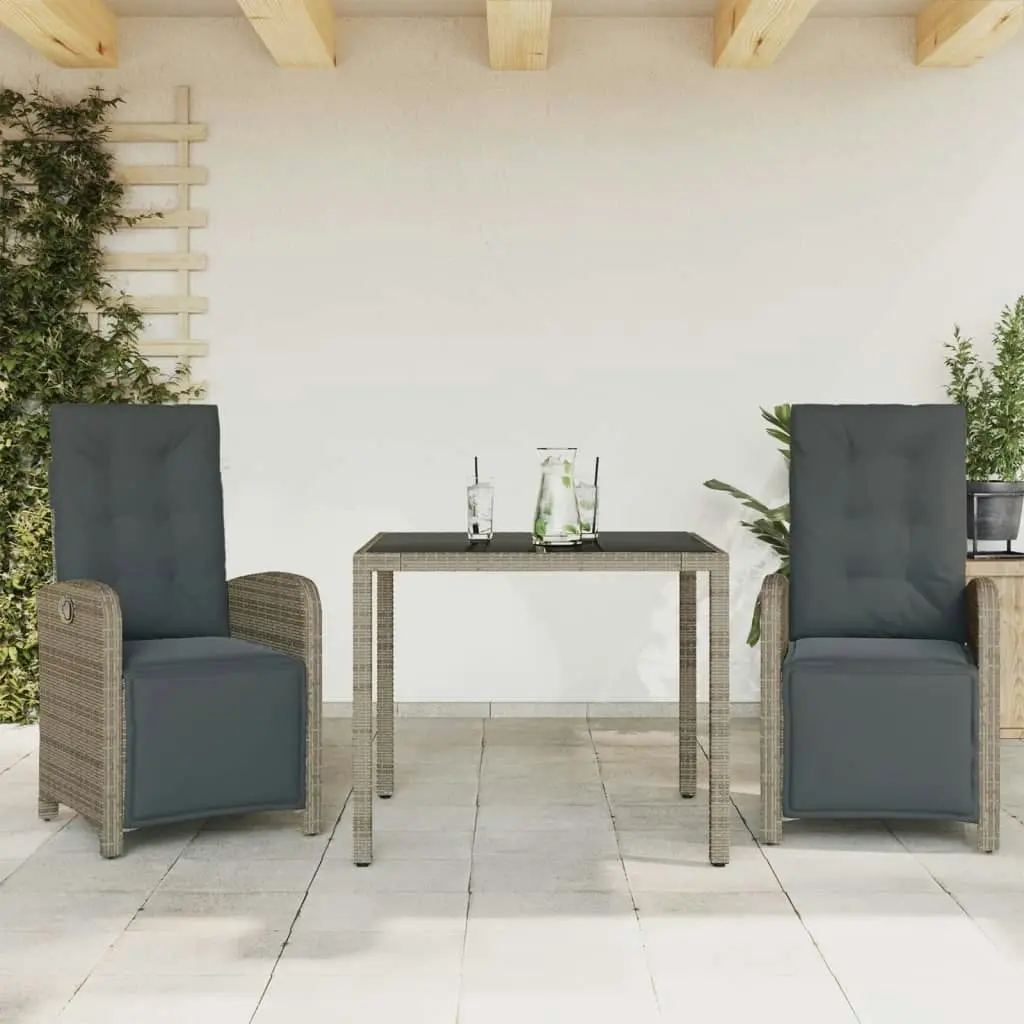 3 Piece Bistro Set with Cushions Grey Poly Rattan 3212462