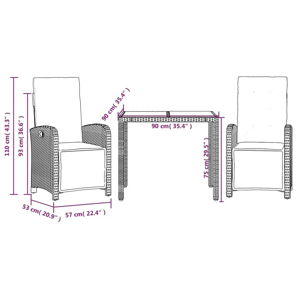 3 Piece Bistro Set with Cushions Grey Poly Rattan 3212462