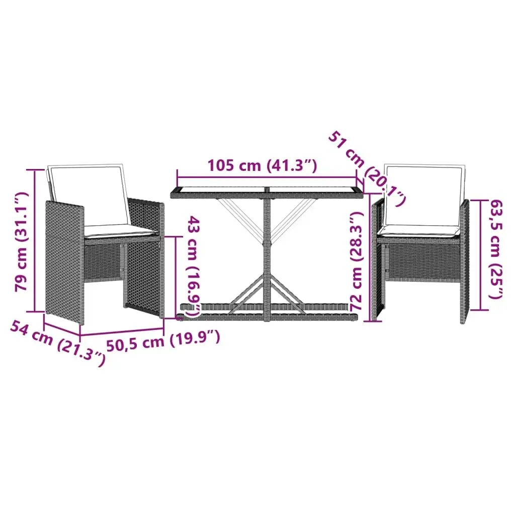 3 Piece Bistro Set with Cushions Light Grey Poly Rattan 365070