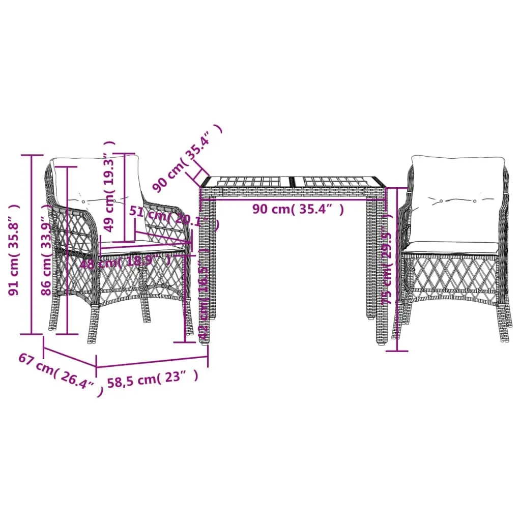 3 Piece Bistro Set with Cushions Black Poly Rattan 3212042