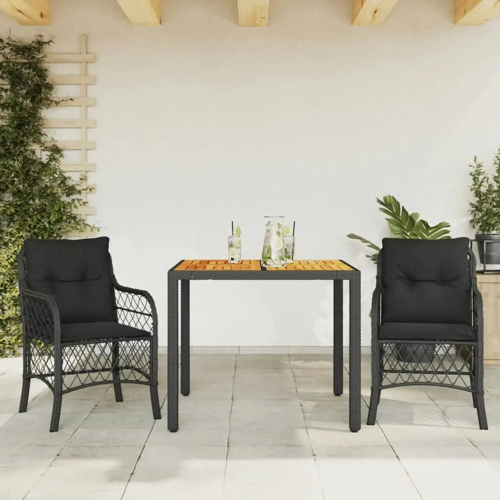 3 Piece Bistro Set with Cushions Black Poly Rattan 3212042