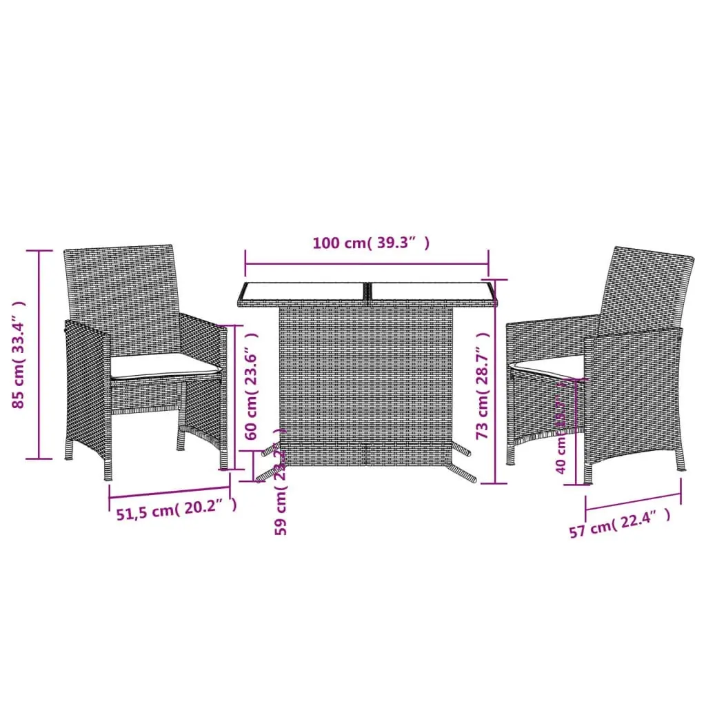 3 Piece Bistro Set with Cushions Grey Poly Rattan 365119