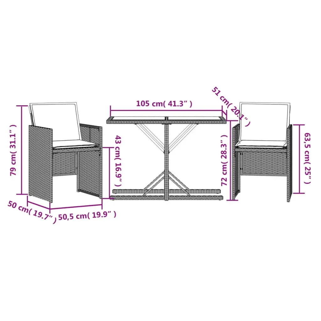 3 Piece Bistro Set with Cushions Mix Beige Poly Rattan 365071