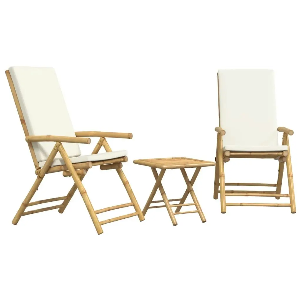 3 Piece Folding Bistro Set with Cream White Cushions Bamboo 3208931