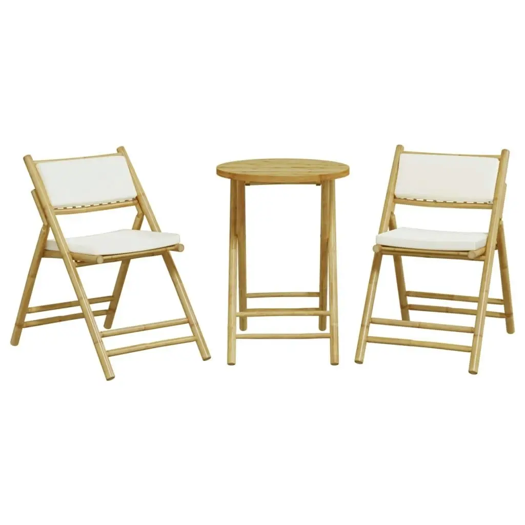 3 Piece Folding Bistro Set with Cream White Cushions Bamboo 3208939