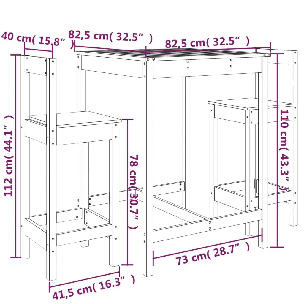 3 Piece Garden Bar Set Black Solid Wood Pine 3154739