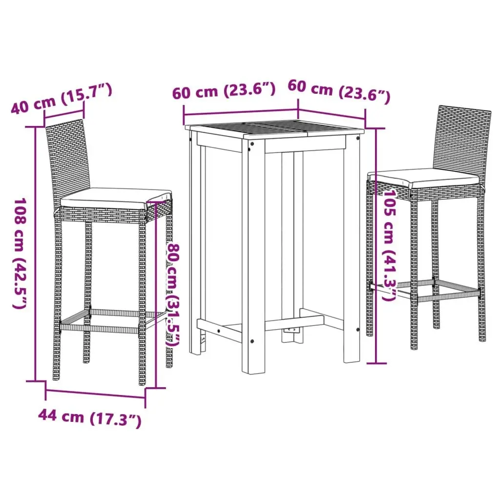 3 Piece Garden Bar Set Black Solid Wood Acacia and Poly Rattan 3295262