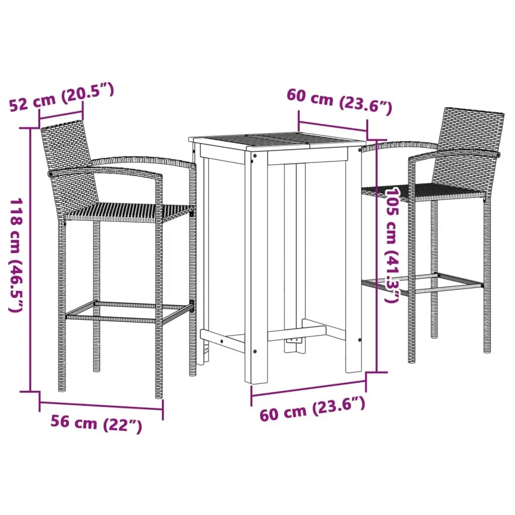 3 Piece Garden Bar Set Black Solid Wood Acacia and Poly Rattan 3295273