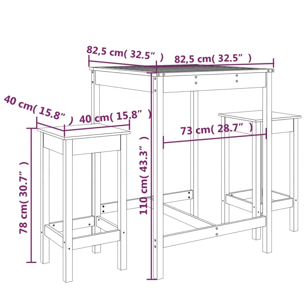 3 Piece Garden Bar Set Black Solid Wood Pine 3154729