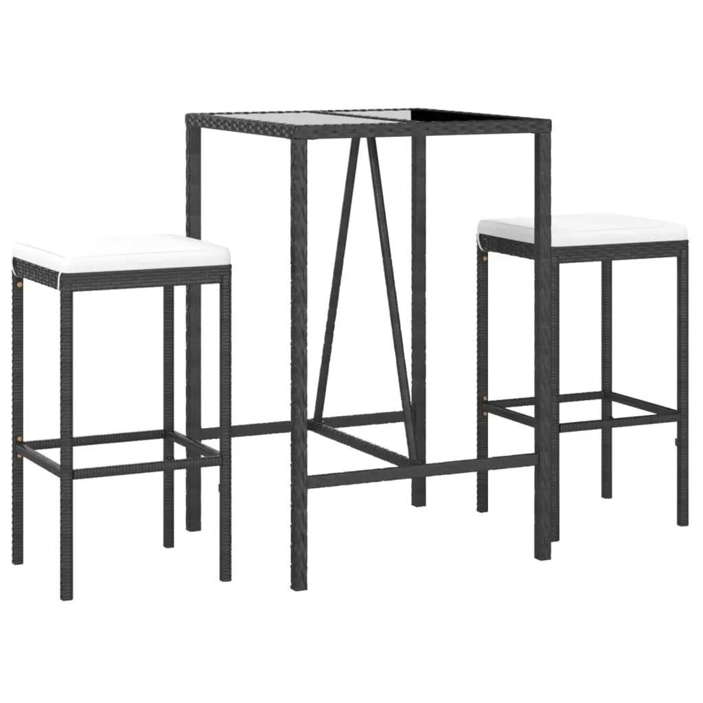 3 Piece Garden Bar Set with Cushions Black Poly Rattan 3187631