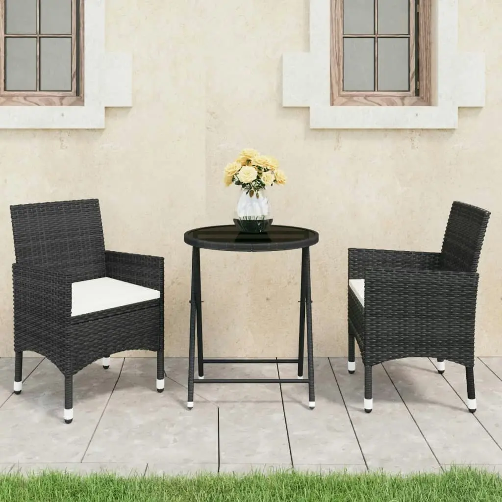 3 Piece Garden Bistro Set Poly Rattan and Tempered Glass Black 3058378