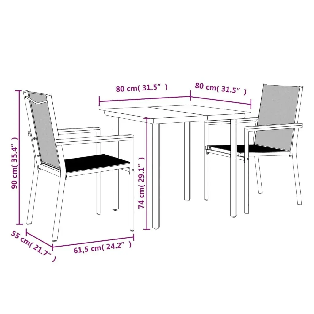 3 Piece Garden Dining Set Black Textilene and Steel 3187041