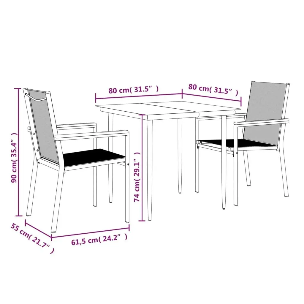 3 Piece Garden Dining Set Black Textilene and Steel 3187033