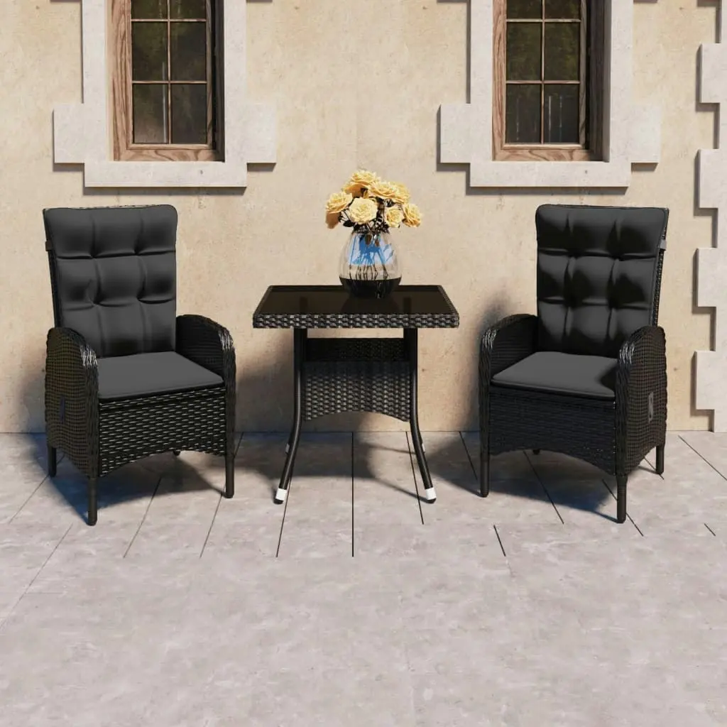 3 Piece Garden Dining Set Poly Rattan and Glass Black 3058526