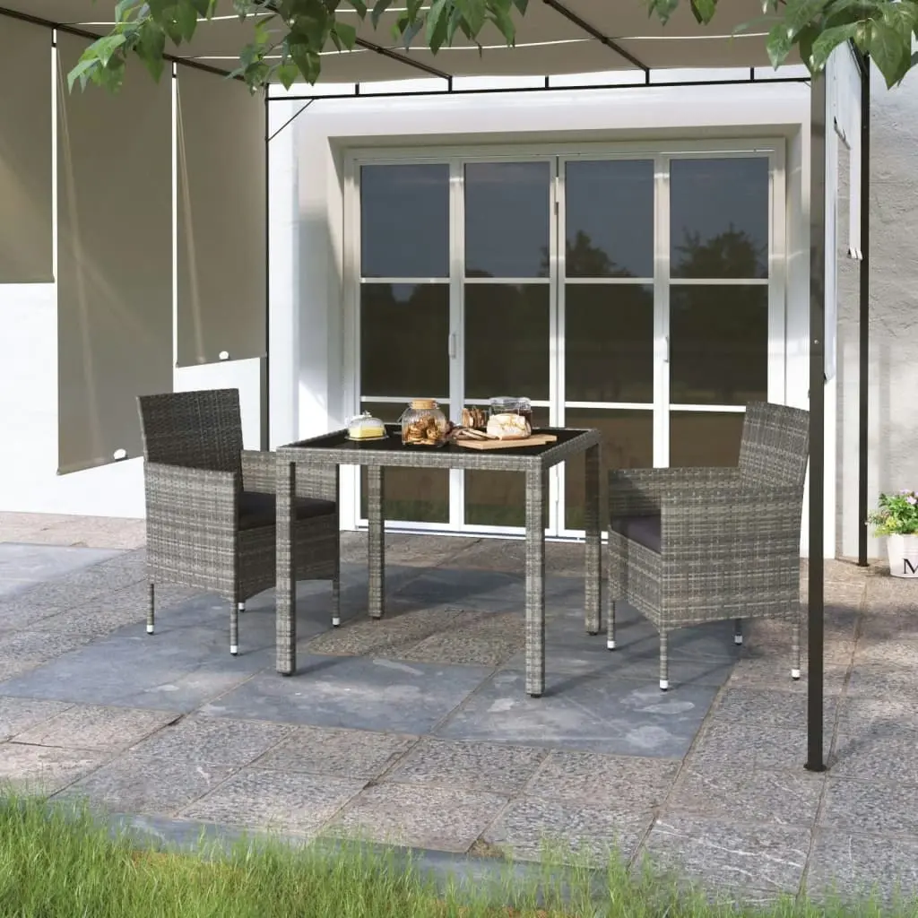 3 Piece Garden Dining Set Poly Rattan and Tempered Glass Grey 3058399