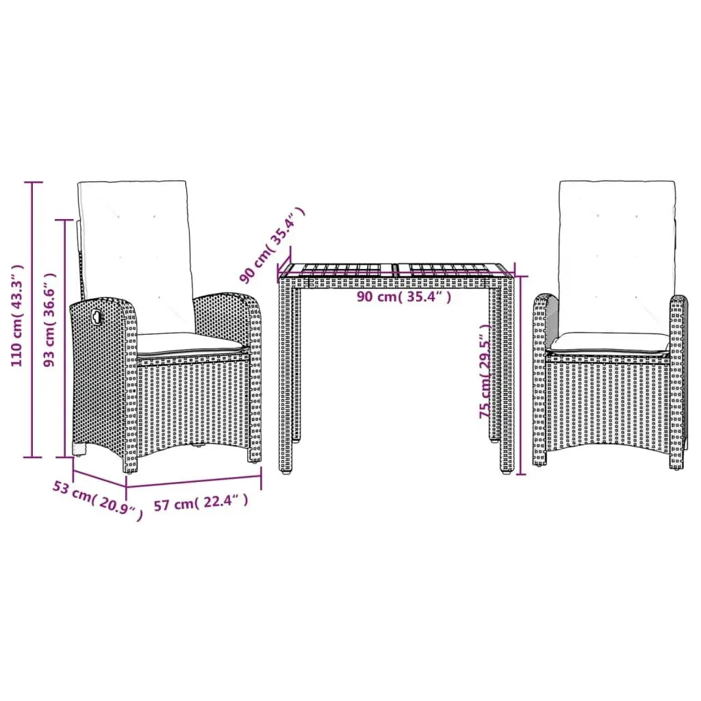 3 Piece Garden Dining Set with Cushions Black Poly Rattan 3212230