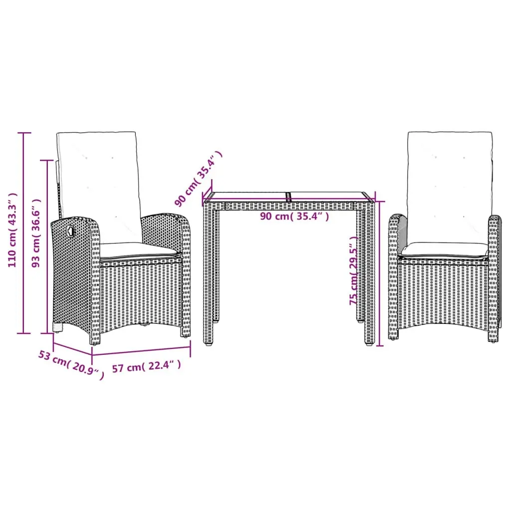 3 Piece Garden Dining Set with Cushions Grey Poly Rattan 3212212