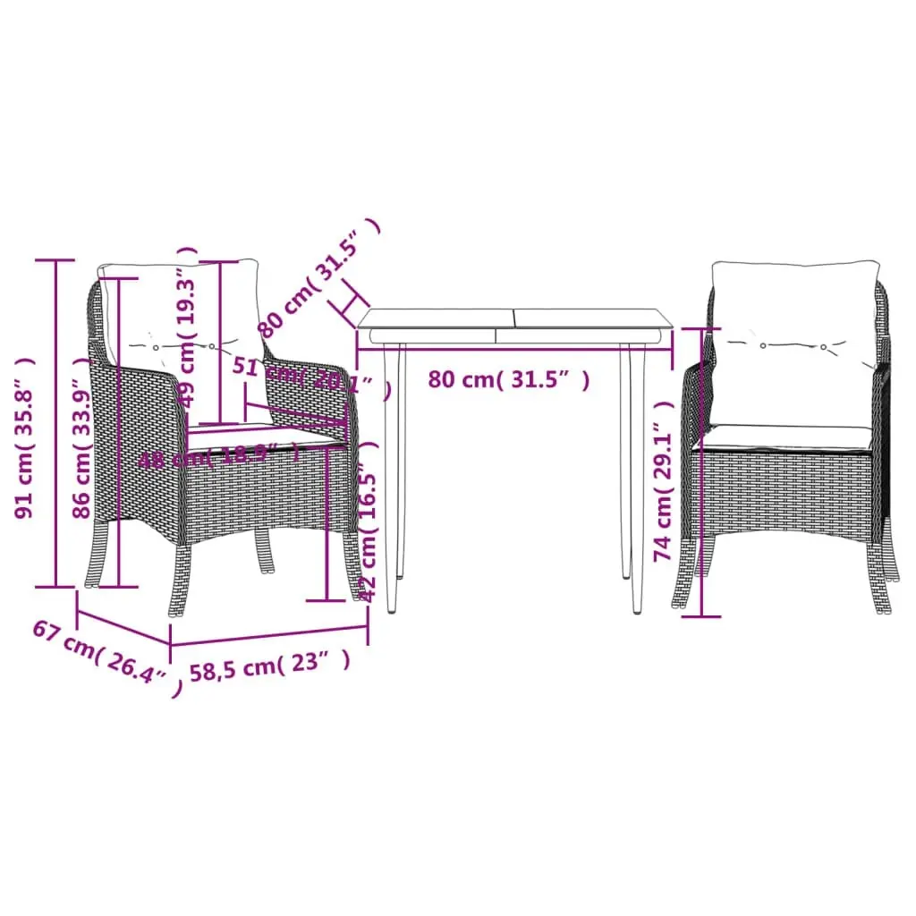 3 Piece Garden Dining Set with Cushions Grey Poly Rattan 3211948