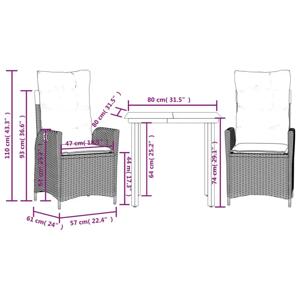 3 Piece Garden Dining Set with Cushions Grey Poly Rattan 3213224