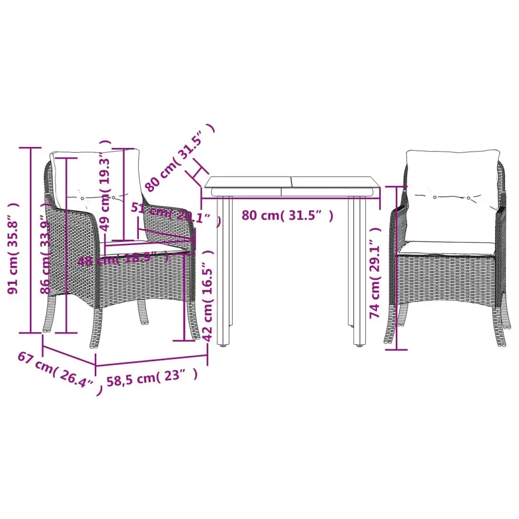 3 Piece Garden Dining Set with Cushions Grey Poly Rattan 3211955