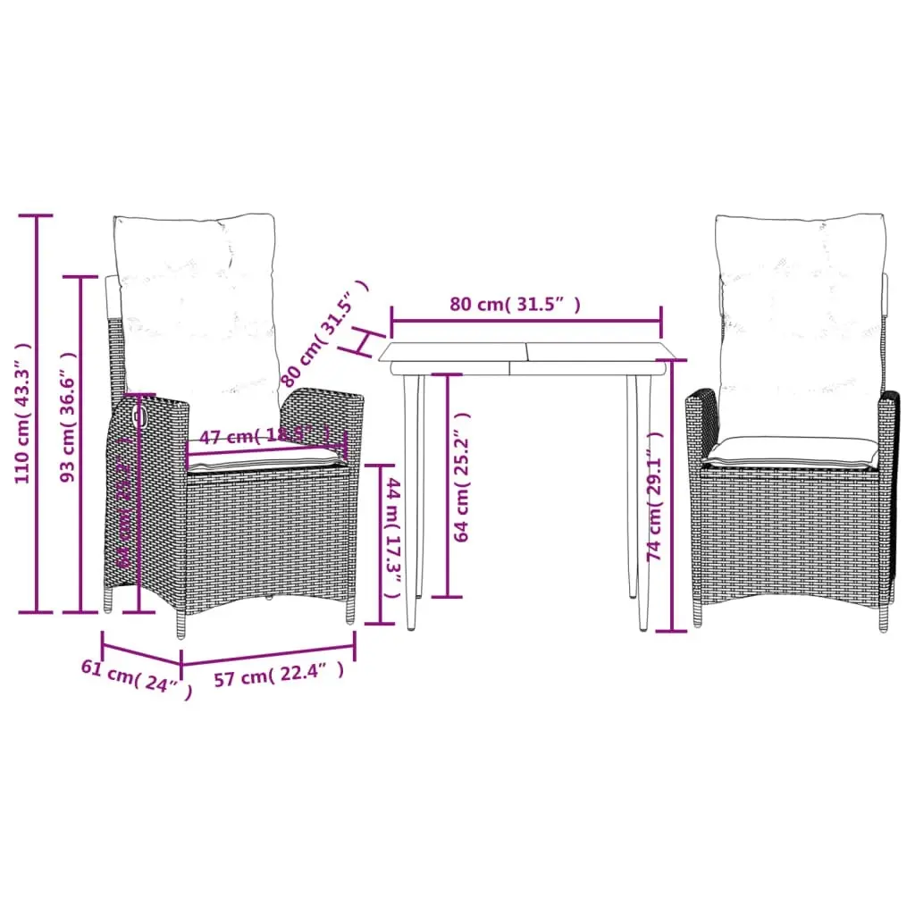 3 Piece Garden Dining Set with Cushions Grey Poly Rattan 3213214