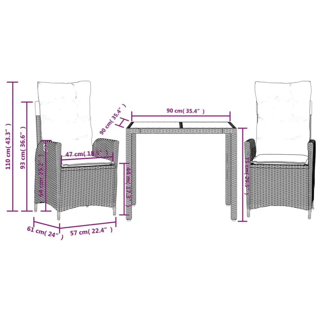 3 Piece Garden Dining Set with Cushions Grey Poly Rattan 3213076