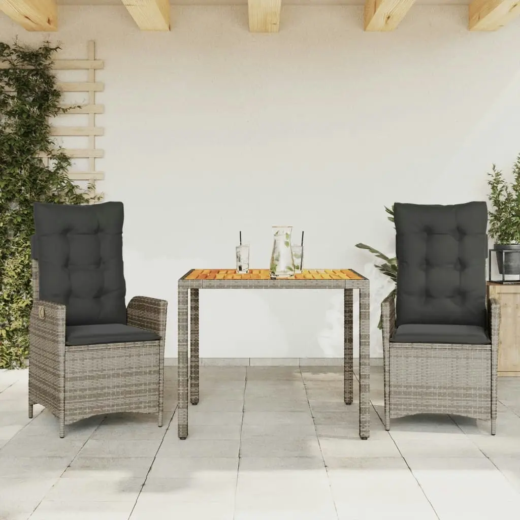 3 Piece Garden Dining Set with Cushions Grey Poly Rattan 3213103