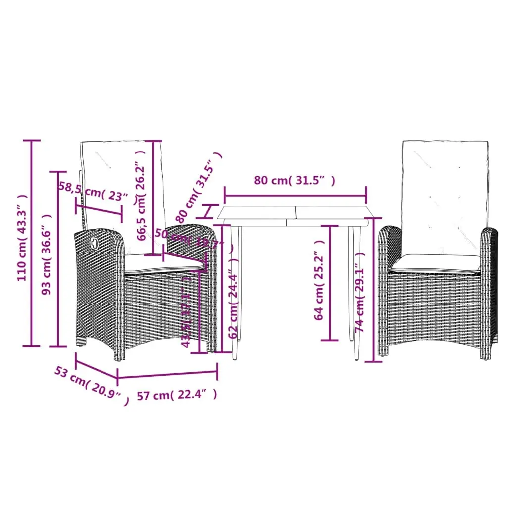 3 Piece Garden Dining Set with Cushions Grey Poly Rattan 3212350