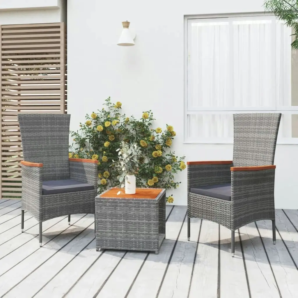 3 Piece Garden Lounge Set Grey Poly Rattan&Solid Wood Acacia 3157652