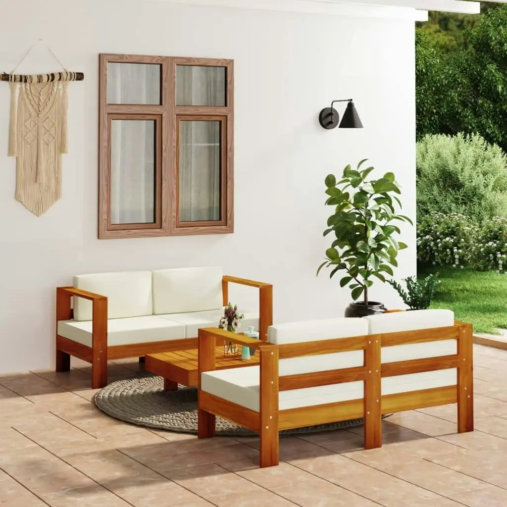 3 Piece Garden Lounge Set with Cream White Cushions Solid Wood 3144977