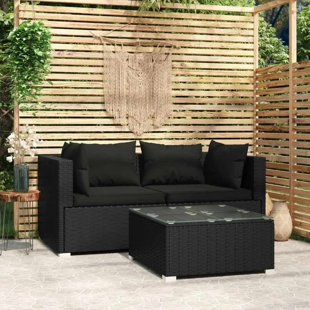 3 Piece Garden Lounge Set with Cushions Black Poly Rattan 317521