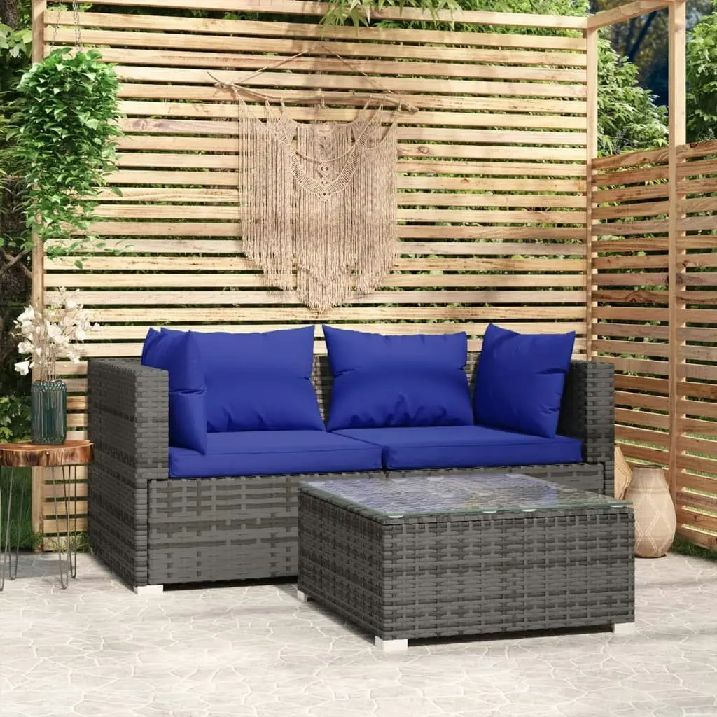 3 Piece Garden Lounge Set with Cushions Grey Poly Rattan 317565